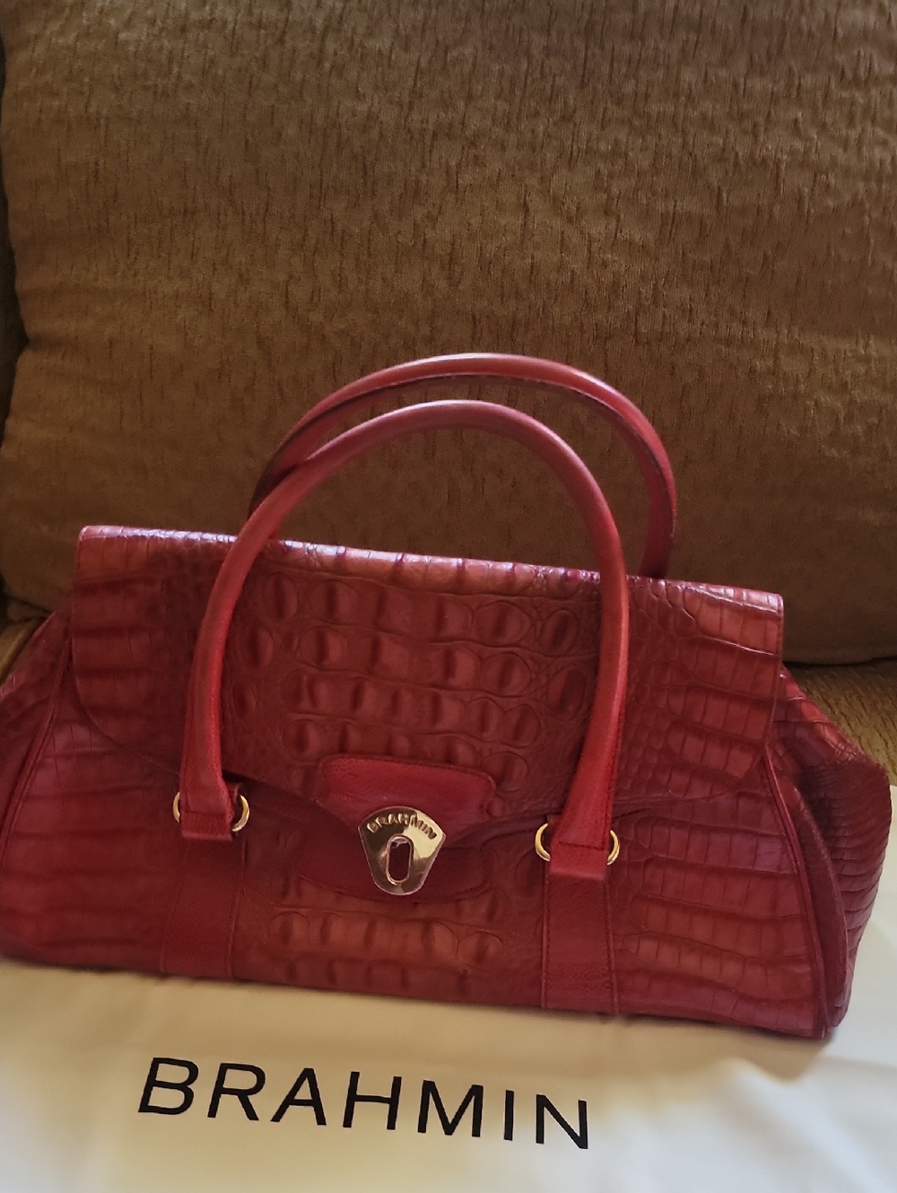 Brahmin Cherry Red Croc-Embossed Leather Satchel VGUC